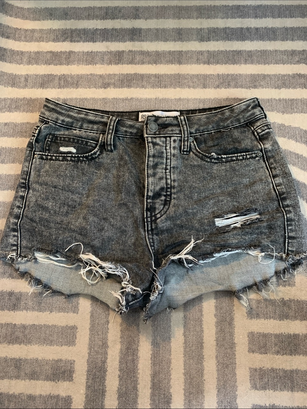 High-Rise Distressed Denim Shorts - Washed Black